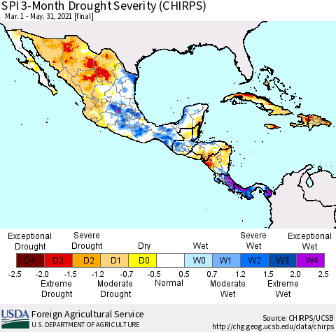 Mexico Central America and the Caribbean SPI 3-Month Drought Severity (CHIRPS) Thematic Map For 3/1/2021 - 5/31/2021