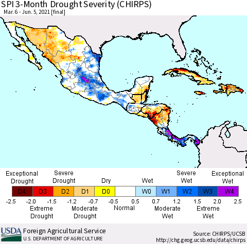 Mexico Central America and the Caribbean SPI 3-Month Drought Severity (CHIRPS) Thematic Map For 3/6/2021 - 6/5/2021