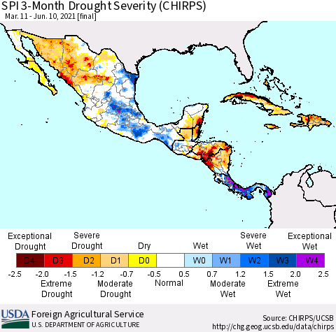 Mexico Central America and the Caribbean SPI 3-Month Drought Severity (CHIRPS) Thematic Map For 3/11/2021 - 6/10/2021
