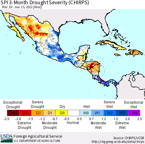 Mexico Central America and the Caribbean SPI 3-Month Drought Severity (CHIRPS) Thematic Map For 3/16/2021 - 6/15/2021