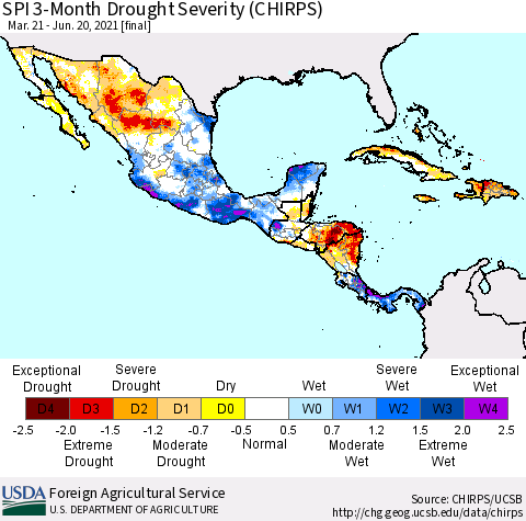 Mexico Central America and the Caribbean SPI 3-Month Drought Severity (CHIRPS) Thematic Map For 3/21/2021 - 6/20/2021