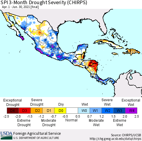 Mexico Central America and the Caribbean SPI 3-Month Drought Severity (CHIRPS) Thematic Map For 4/1/2021 - 6/30/2021