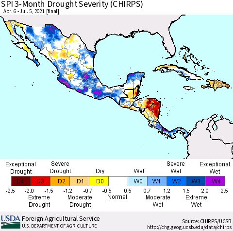 Mexico Central America and the Caribbean SPI 3-Month Drought Severity (CHIRPS) Thematic Map For 4/6/2021 - 7/5/2021
