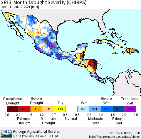 Mexico Central America and the Caribbean SPI 3-Month Drought Severity (CHIRPS) Thematic Map For 4/11/2021 - 7/10/2021