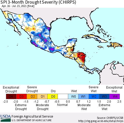 Mexico Central America and the Caribbean SPI 3-Month Drought Severity (CHIRPS) Thematic Map For 4/16/2021 - 7/15/2021