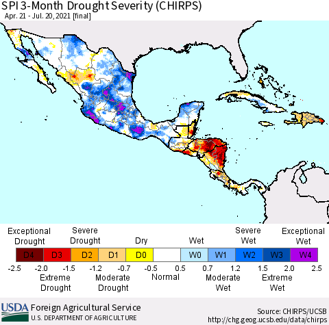Mexico Central America and the Caribbean SPI 3-Month Drought Severity (CHIRPS) Thematic Map For 4/21/2021 - 7/20/2021