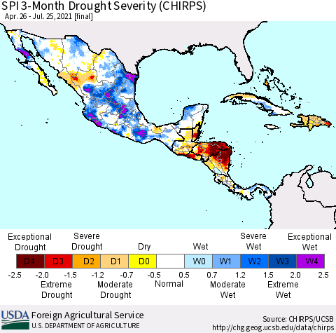 Mexico Central America and the Caribbean SPI 3-Month Drought Severity (CHIRPS) Thematic Map For 4/26/2021 - 7/25/2021