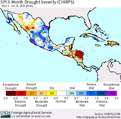 Mexico Central America and the Caribbean SPI 3-Month Drought Severity (CHIRPS) Thematic Map For 5/1/2021 - 7/31/2021