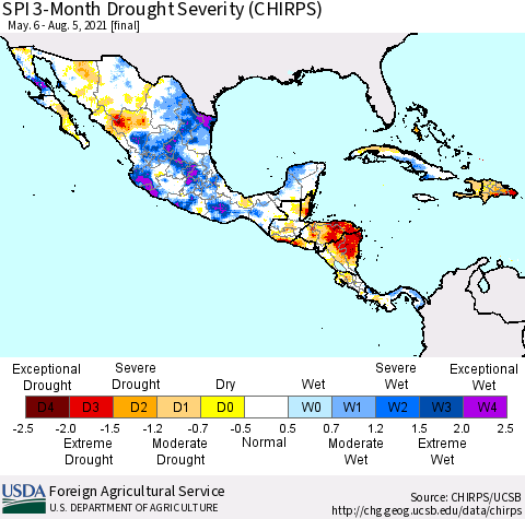 Mexico Central America and the Caribbean SPI 3-Month Drought Severity (CHIRPS) Thematic Map For 5/6/2021 - 8/5/2021