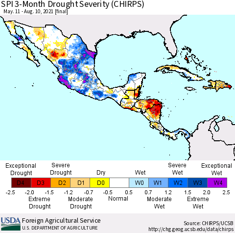 Mexico Central America and the Caribbean SPI 3-Month Drought Severity (CHIRPS) Thematic Map For 5/11/2021 - 8/10/2021