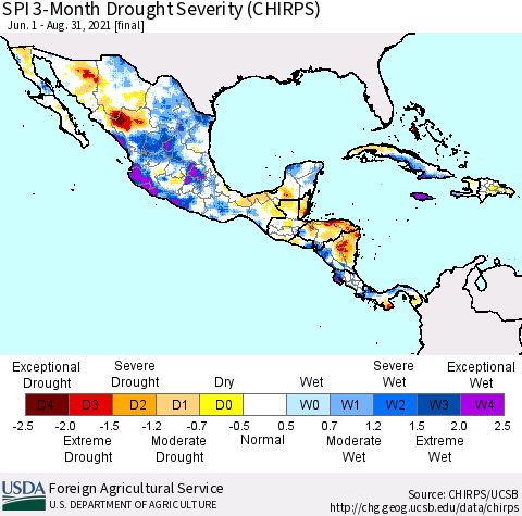 Mexico Central America and the Caribbean SPI 3-Month Drought Severity (CHIRPS) Thematic Map For 6/1/2021 - 8/31/2021
