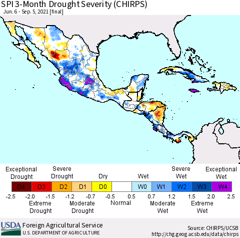 Mexico Central America and the Caribbean SPI 3-Month Drought Severity (CHIRPS) Thematic Map For 6/6/2021 - 9/5/2021