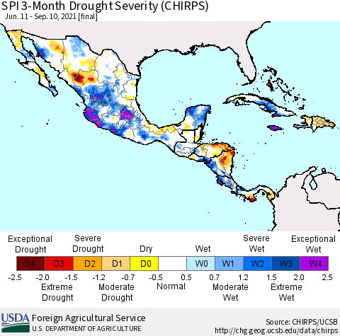 Mexico Central America and the Caribbean SPI 3-Month Drought Severity (CHIRPS) Thematic Map For 6/11/2021 - 9/10/2021