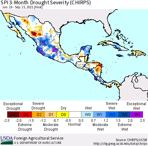 Mexico Central America and the Caribbean SPI 3-Month Drought Severity (CHIRPS) Thematic Map For 6/16/2021 - 9/15/2021