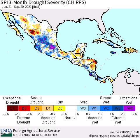 Mexico Central America and the Caribbean SPI 3-Month Drought Severity (CHIRPS) Thematic Map For 6/21/2021 - 9/20/2021