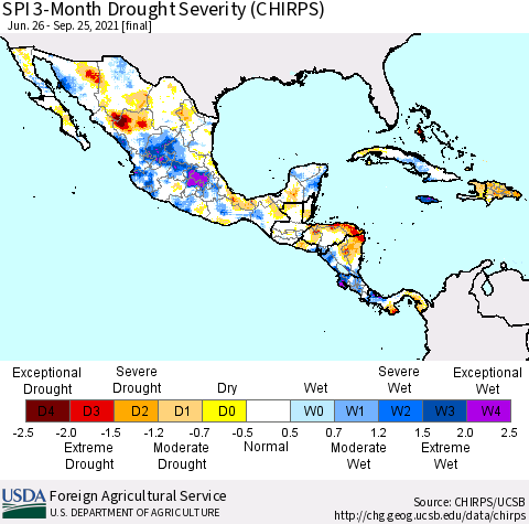 Mexico Central America and the Caribbean SPI 3-Month Drought Severity (CHIRPS) Thematic Map For 6/26/2021 - 9/25/2021