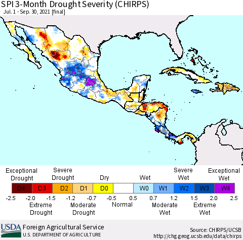 Mexico Central America and the Caribbean SPI 3-Month Drought Severity (CHIRPS) Thematic Map For 7/1/2021 - 9/30/2021