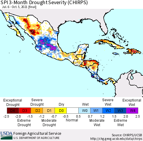 Mexico Central America and the Caribbean SPI 3-Month Drought Severity (CHIRPS) Thematic Map For 7/6/2021 - 10/5/2021