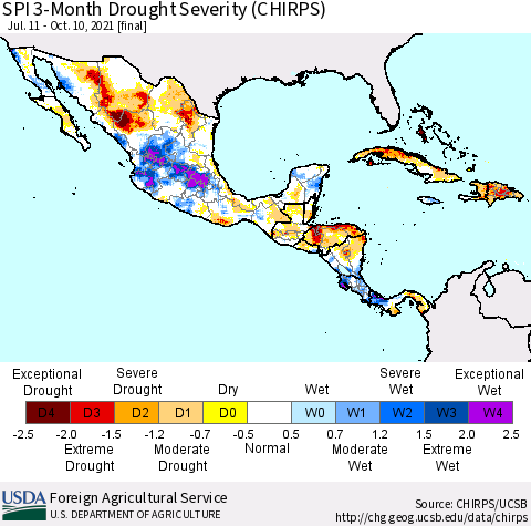 Mexico Central America and the Caribbean SPI 3-Month Drought Severity (CHIRPS) Thematic Map For 7/11/2021 - 10/10/2021