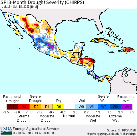 Mexico Central America and the Caribbean SPI 3-Month Drought Severity (CHIRPS) Thematic Map For 7/16/2021 - 10/15/2021