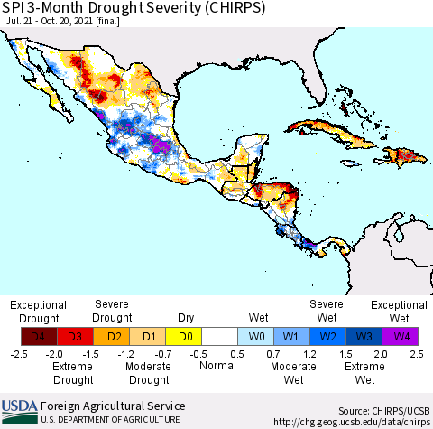Mexico Central America and the Caribbean SPI 3-Month Drought Severity (CHIRPS) Thematic Map For 7/21/2021 - 10/20/2021