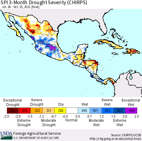 Mexico Central America and the Caribbean SPI 3-Month Drought Severity (CHIRPS) Thematic Map For 7/26/2021 - 10/25/2021