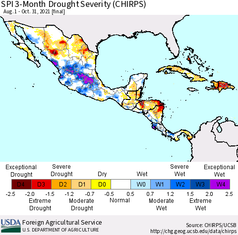 Mexico Central America and the Caribbean SPI 3-Month Drought Severity (CHIRPS) Thematic Map For 8/1/2021 - 10/31/2021
