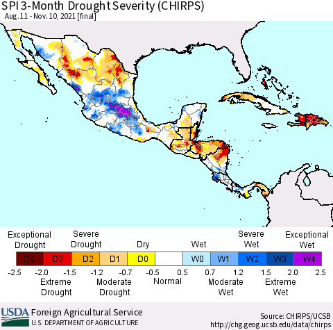 Mexico Central America and the Caribbean SPI 3-Month Drought Severity (CHIRPS) Thematic Map For 8/11/2021 - 11/10/2021