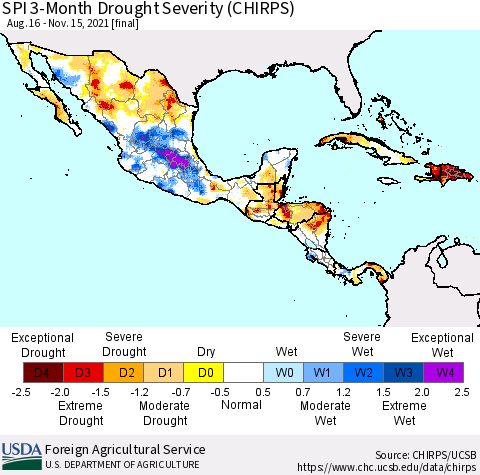 Mexico Central America and the Caribbean SPI 3-Month Drought Severity (CHIRPS) Thematic Map For 8/16/2021 - 11/15/2021