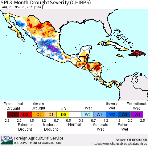 Mexico Central America and the Caribbean SPI 3-Month Drought Severity (CHIRPS) Thematic Map For 8/26/2021 - 11/25/2021