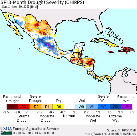 Mexico Central America and the Caribbean SPI 3-Month Drought Severity (CHIRPS) Thematic Map For 9/1/2021 - 11/30/2021