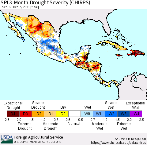 Mexico Central America and the Caribbean SPI 3-Month Drought Severity (CHIRPS) Thematic Map For 9/6/2021 - 12/5/2021