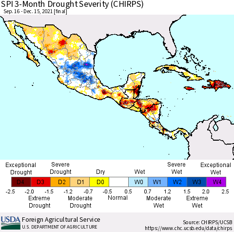 Mexico Central America and the Caribbean SPI 3-Month Drought Severity (CHIRPS) Thematic Map For 9/16/2021 - 12/15/2021