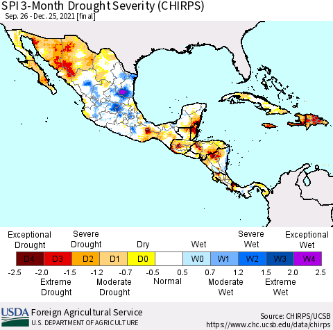 Mexico Central America and the Caribbean SPI 3-Month Drought Severity (CHIRPS) Thematic Map For 9/26/2021 - 12/25/2021