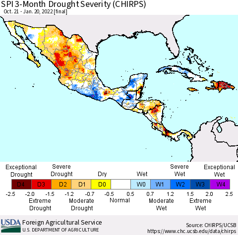 Mexico Central America and the Caribbean SPI 3-Month Drought Severity (CHIRPS) Thematic Map For 10/21/2021 - 1/20/2022