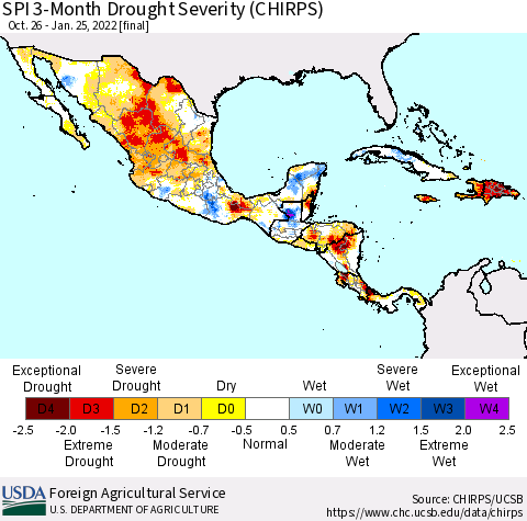 Mexico Central America and the Caribbean SPI 3-Month Drought Severity (CHIRPS) Thematic Map For 10/26/2021 - 1/25/2022