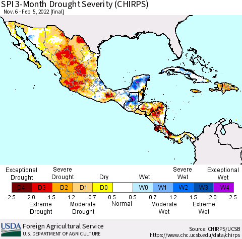 Mexico Central America and the Caribbean SPI 3-Month Drought Severity (CHIRPS) Thematic Map For 11/6/2021 - 2/5/2022