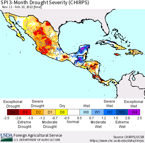Mexico Central America and the Caribbean SPI 3-Month Drought Severity (CHIRPS) Thematic Map For 11/11/2021 - 2/10/2022