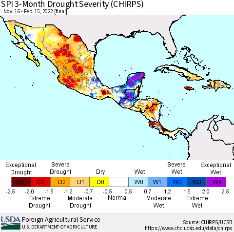 Mexico Central America and the Caribbean SPI 3-Month Drought Severity (CHIRPS) Thematic Map For 11/16/2021 - 2/15/2022