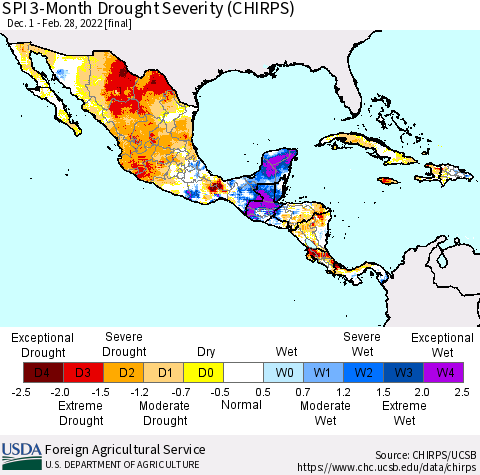 Mexico Central America and the Caribbean SPI 3-Month Drought Severity (CHIRPS) Thematic Map For 12/1/2021 - 2/28/2022