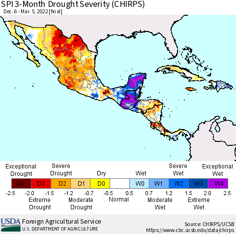 Mexico Central America and the Caribbean SPI 3-Month Drought Severity (CHIRPS) Thematic Map For 12/6/2021 - 3/5/2022