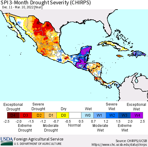 Mexico Central America and the Caribbean SPI 3-Month Drought Severity (CHIRPS) Thematic Map For 12/11/2021 - 3/10/2022