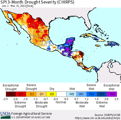 Mexico Central America and the Caribbean SPI 3-Month Drought Severity (CHIRPS) Thematic Map For 1/1/2022 - 3/31/2022