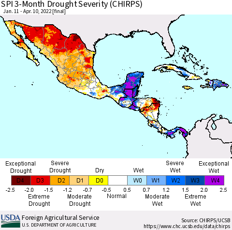 Mexico Central America and the Caribbean SPI 3-Month Drought Severity (CHIRPS) Thematic Map For 1/11/2022 - 4/10/2022