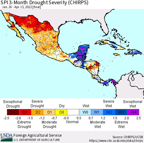Mexico Central America and the Caribbean SPI 3-Month Drought Severity (CHIRPS) Thematic Map For 1/16/2022 - 4/15/2022