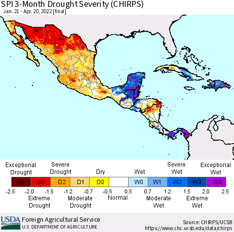 Mexico Central America and the Caribbean SPI 3-Month Drought Severity (CHIRPS) Thematic Map For 1/21/2022 - 4/20/2022