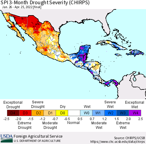 Mexico Central America and the Caribbean SPI 3-Month Drought Severity (CHIRPS) Thematic Map For 1/26/2022 - 4/25/2022