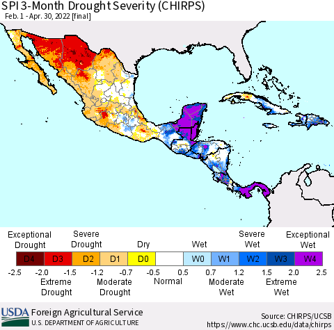 Mexico Central America and the Caribbean SPI 3-Month Drought Severity (CHIRPS) Thematic Map For 2/1/2022 - 4/30/2022