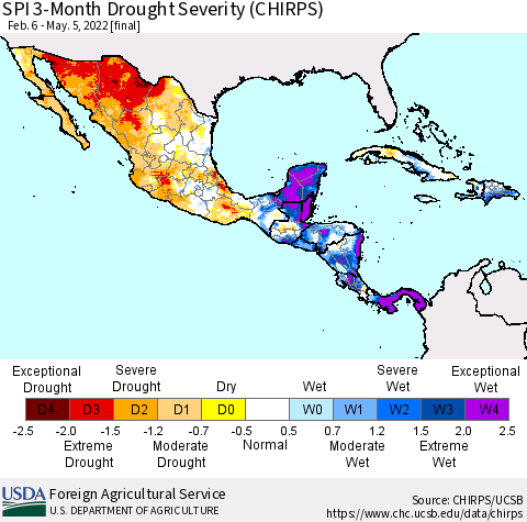 Mexico Central America and the Caribbean SPI 3-Month Drought Severity (CHIRPS) Thematic Map For 2/6/2022 - 5/5/2022