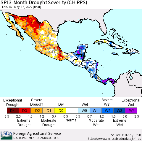 Mexico Central America and the Caribbean SPI 3-Month Drought Severity (CHIRPS) Thematic Map For 2/16/2022 - 5/15/2022